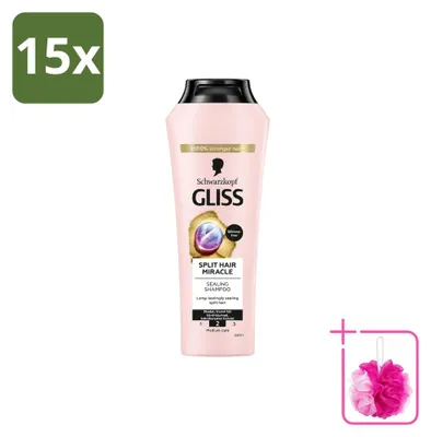 Zdjęcie produktu dla 15 sztuk szamponu Gliss Kur Miracle Oil, przeznaczony do włosów z tendencją do łamania, pojemność 400 ml, zestaw ekonomiczny