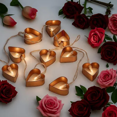 A string of heart-shaped LED lights intertwined with roses.
