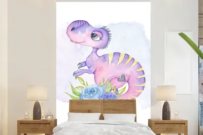 Produktbild von MuchoWow® Fototapete für Wohnzimmer oder Schlafzimmer Wandtapete Vinyl Motivtapete Kinderzimmer - Lila - Dinosaurier - Mädchen - Kinder - Rosa - 170x260 cm - Kindertapete - Wohnzimmertapete
