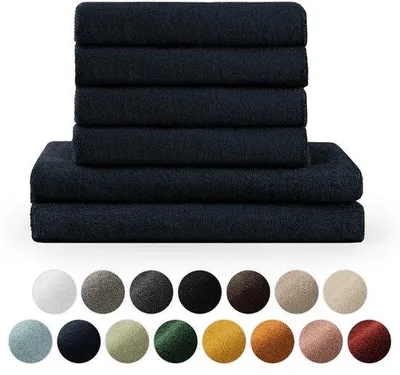 Produktbild von Unyqoos® 4‑teiliges Handtuchset – 100% Baumwolle, 2×70×140 cm Badetücher + 4×50×100 cm Handtücher, saugfähig & hautfreundlich, dunkelblau