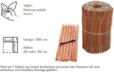 Produktbild von BOGATECO Weidenmatte Beeteinfassung | Länge 300cm | Weide Rasenkante Weidenzaun | 7X angespitzte Holzpfähle aus Buche | Höhe 30 cm