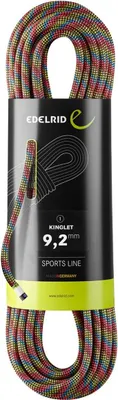 Edelrid Kinglet 92mm Kletterseil in buntem Design; verpackt mit schwarzem Etikett und grünem Logo.