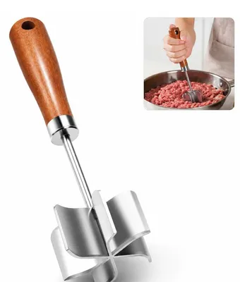 Produktbild von Fleischzerkleinerer Edelstahl mit Holzgriff 23,5 cm, Meat Chopper Hackfleisch Zerkleinerer 6 Klingen für Burger, Hackfleisch und Kartoffeln