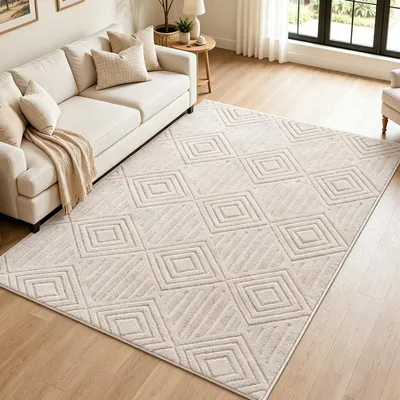 Produktbild von Teppich Wohnzimmerteppich Läufer - Niedrigflor - Beige - 120 x 180 cm - Waschbar - Rutschfest
