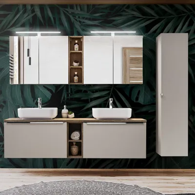Produktbild von Badmöbel Set in taupe mit Vintage Eiche PUEBLA-56-TAUPE Doppel-Waschtisch mit 2 Keramik-Waschbecken, 2 LED-Spiegelschränke & Hochschrank, B/H/T 225/200/46 cm