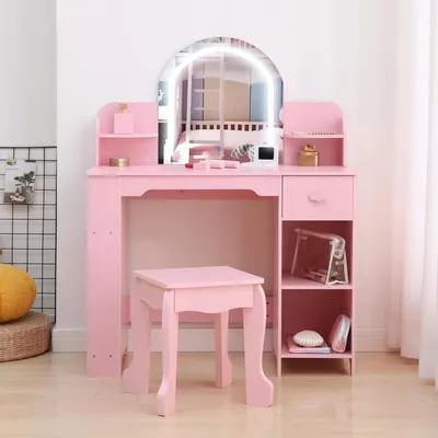 Produktbild von Kinderschminktisch - Frisierkommode mit LED-Spiegel und Hocker - Aufbewahrung mit Schubladen und Regal - Holzrahmen - Ab 3 Jahren - Rosa