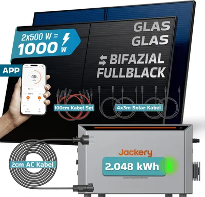 Produktbild von SUNNIVA® 1000W Balkonkraftwerk mit 2,048 kWh Speicher Jackery HomePower 2000 Ultra, BIFAZIAL FULLBLACK komplett Steckdose, PV Solaranlage Komplettset