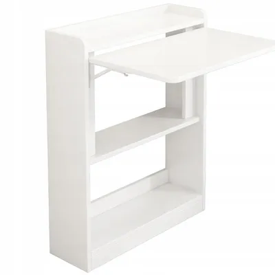 A white folding desk with shelves attached to a wall.