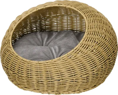 Produktbild von Rattan Katzenkorb Katzenhaus Katzenhütte mit Kissen für Katzen bis 4 kg, Haustierbett Katzenhöhle, Indoor, PE-Rattan, Ø50 x 31 cm, Hellbraun