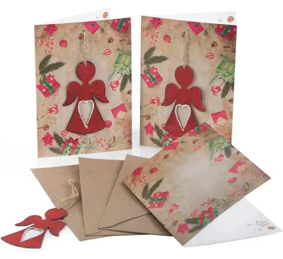 Produktbild von 3 vintage Weihnachtskarten DIN A6 mit Kuvert + Engel Anhänger