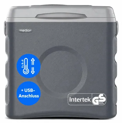 Produktbild von MEDION Thermoelektrische tragbare Kühlbox (35 Liter Brutto, Kühl- und Warmhaltefunktion, 12V Zigarettenanzünder 230V Netzanschluss USB 5V - Stromversorgung, für Auto, Boot und Camping, MD370030) grau