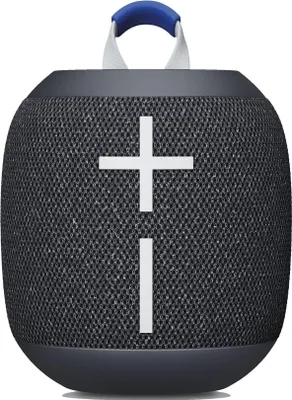 A dark gray portable speaker with a blue handle on top.