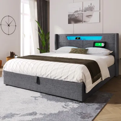 Image de OKWISH Lit coffre 160 x 200 cm – LED, USB Type C et Rangement – Gris