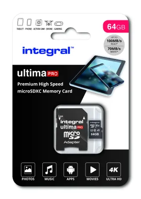 Produktbild von Integral INMSDX64G-100/70V30, 64 GB, UHS-I, 100 MB/s, 50 MB/s, Class 3 (U3), V30