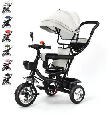 Image de Tricycle pour enfants - Avec barre de poussée - Siège pivotant - Grandes roues - Panier et sac - Pour les 1 à 5 ans - Capacité de charge > 20 kg - Gris