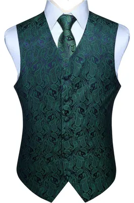 Productafbeelding van Herenset: Vest, das, zakdoek, paisley, bloemenprint, jacquard, groen, maat 6XL, 100% zijde
