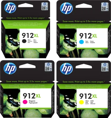 Four HP 912XL ink cartridge packages are arranged in a 2x2 grid.