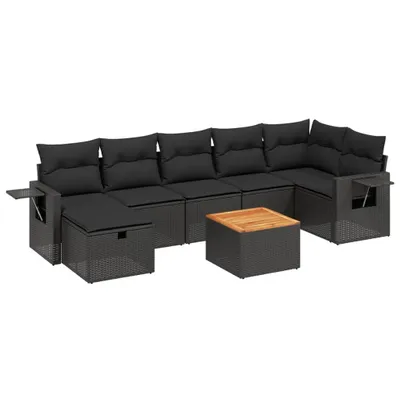 Produktbild von Modulares 8-tlg. Garten-Lounge-Set, Poly Rattan Schwarz, mit Kissen, Gartentisch Akazienholz, pulverbeschichteter Stahlrahmen, UV-beständig
