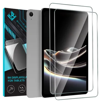 A product shot of tablet screen protectors and a tablet.