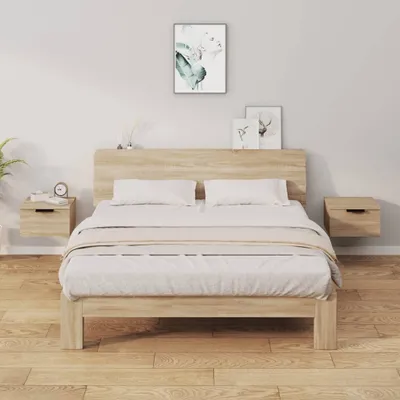 A bedroom scene with a bed, headboard, and two wall-mounted nightstands.