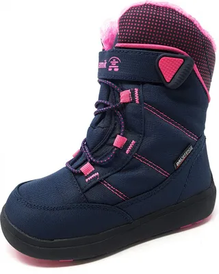 A single navy blue winter boot with pink accents is shown against a white background.