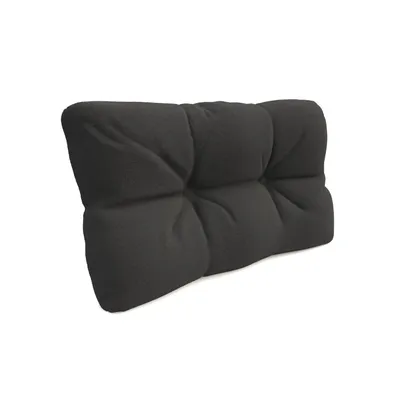 A dark gray tufted cushion is shown against a white background.
