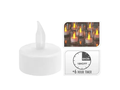 A single LED tea light is shown on the left, with a collage of multiple LED tea lights in glass holders and a diagram illustrating the timer function on the right.