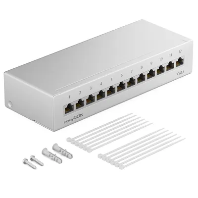 Produktbild von deleyCON CAT 6 Patchpanel Verteilerfeld 12 Port 1 HE RJ45 - Lichtgrau