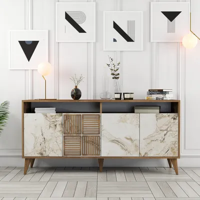 Obrázek produktu pro Skye Decor, moderní konzolový stolek, ořech a bílý mramor, 160 x 78 x 35 cm | 100% melaminem potažená dřevotřísková deska, tloušťka 18 mm | S četnými policemi a dalším úložným prostorem.