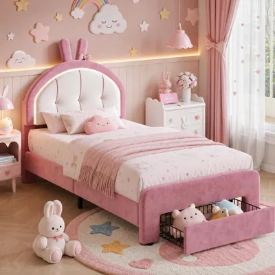 Produktbild von INONEFT Kinderbett Polsterbett 90x200cm mit verstellbarem Kopfteil in Hasenform, LED und Schublade, Einzelbett mit Lattenrost, Jugendbett, Samt, Rosa