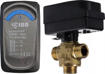 A product shot of a valve actuator and a brass valve. The actuator is gray with black accents and has text and markings on it. The valve is brass and has threaded connections.