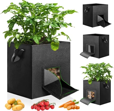 Imagen del producto de Bolsa para plantar patatas, 25 litros, paquete de 4 unidades, con ventana de visualización y asa, transpirable