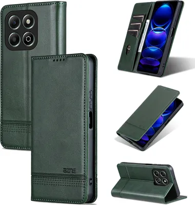 A collage of images showing a green leather phone case from different angles, including one with a phone inside and card slots.