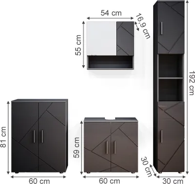 Image de Meubles bain Vicco Irma Anthracite Haute brillance 4 pièces, avec armoire haute et commode, Model 36129