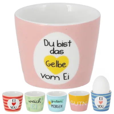 Produktbild von Eierbecher 6er Set 6 Motive Steingut bunt 5x4cm mehrfarbig Becher für Eier Gute Laune Sprüche Eierhalter Frühstück Geschenkidee
