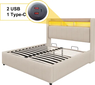 A beige upholstered bed frame with a headboard featuring LED lighting and a close-up inset showing USB and Type-C charging ports.