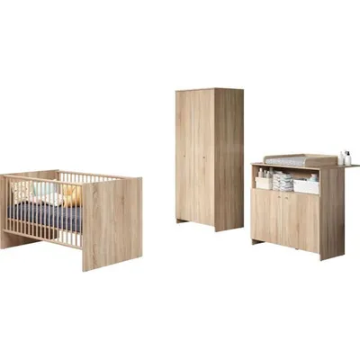 Produktbild von Bett 70 x 140 cm + 2-türige Wickelkommode + 2-türiger Kleiderschrank – Nachbildung Eiche natur