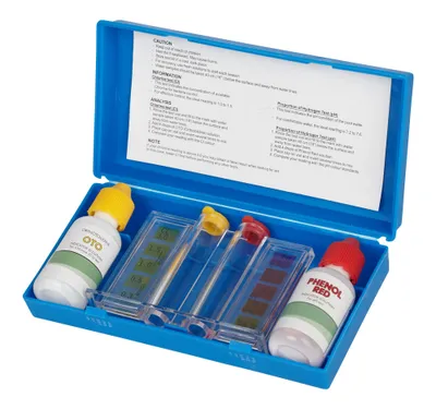 A blue plastic case containing a water testing kit with bottles of reagents and test tubes with color charts.