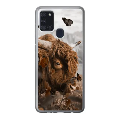 Produktbild von MuchoWow® Handyhülle Schutzhülle Hülle für Samsung Galaxy A21s Scottish Highlander - Schmetterlinge - Pflanzen Silikon Softcase Handy Hülle - Hartschale