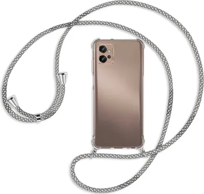 Produktbild von Handykette Backcover-Schutzhülle mit Band (Metall silberfarben) für Motorola Moto G32 (6.5'') - weiß/grau kariert