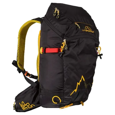 A black and yellow La Sportiva backpack shown from the side against a white background.