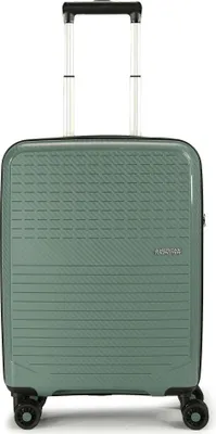 A studio shot of a green American Tourister suitcase.
