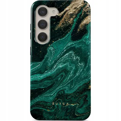 A smartphone case with a marble-like design featuring green and gold swirls.