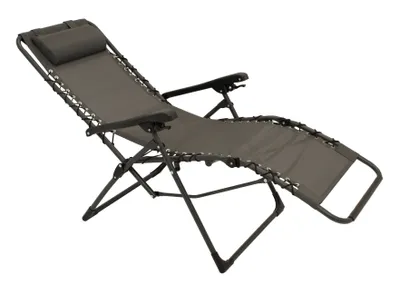 A gray recliner chair with a black metal frame is shown against a white background.
