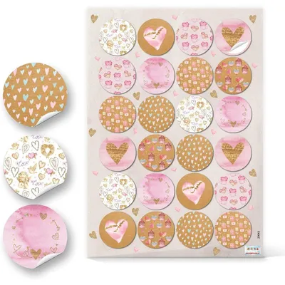 Produktbild von Logbuch-Verlag 24 runde Herzaufkleber 4 cm rosa braun - Herzchen Sticker - Bastelzubehör Verzierung Give-Away Mitgebsel96 Aufkleber / 4 Bögen