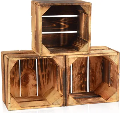Produktbild von CHICCIE 3 Set Geflammte Obstkisten - 22 x 20 x 15cm Holzkisten Weinkisten Holz Kisten Apfelkisten Obstkiste Gebrannt