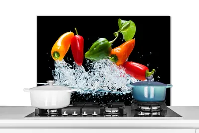 Obrázok produktu pre KitchenYeah® Splashback kitchen - kuchynský splashback - ochrana steny sporáka a drezu - paprika - čierna - zelenina - voda - plech 90x60 - Alu-Dibond (alternatíva skleneného splashbacku) - žiaruvzdorný - žiaruvzdorný - žiaruvzdorný - žiaruvzdorný
