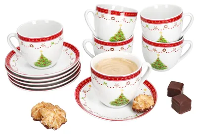 Produktbild von Weihnachtstraum Kaffeetassen mit Untertassen für 6 Personen Porzellan Tee Kakao