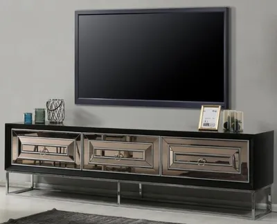 Produktbild von Casa Padrino Luxus TV Schrank mit 3 verspiegelten Schubladen Schwarz / Silber 220 x 49 x H. 64 cm - Wohnzimmer Möbel - Luxus Qualität
