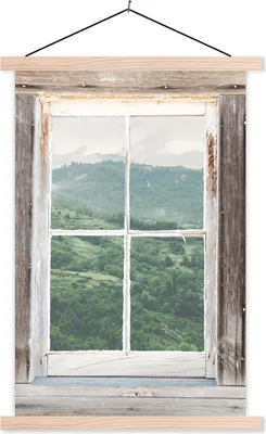 Produktbild von MuchoWow® Textilposter Aussicht - Berg - Holz 120x180 cm mit holzfarbenen Rahmen - Textil-Plakat